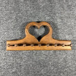 Vintage Wood Hanging Heart Jewelry Organizer Key Storage Wall Display 9 Peg